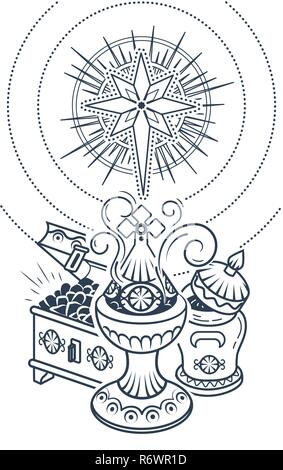Illustrations en noir et blanc avec des Mages offerts pour célébrer l'Épiphanie : encens, myrrhe et l'or. Icône, silhouette dans un style linéaire. Illustration de Vecteur