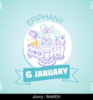 Pour chaque jour de calendrier, le 6 janvier. Carte de vœux. Maison de Vacances - Epiphanie. Icône dans le style linéaire Illustration de Vecteur