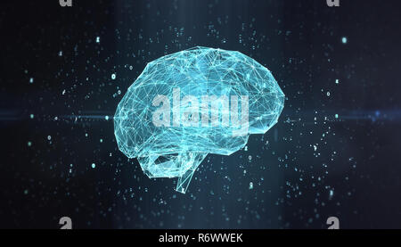 L'apprentissage machine, calculs de brouillard, l'intelligence artificielle, l'intelligence artificielle, l'apprentissage en profondeur blockchain neural network concept. Cerveau faite avec shining wireframe résumé contexte graphique net 3D render. Banque D'Images