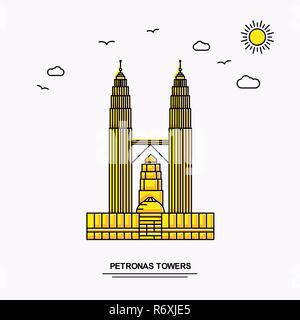 Les Tours Petronas Monument Modèle d'affiche. Illustration jaune Voyage du Monde historique en style de ligne avec beauture parlons nature Illustration de Vecteur