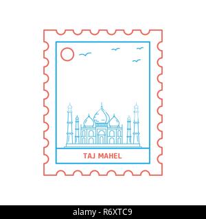 TAJ MAHEL timbre bleu et rouge, Style ligne vector illustration Illustration de Vecteur