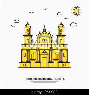 Cathédrale PRIMATIALE BOGOTA Monument Modèle d'affiche. Illustration jaune Voyage du Monde historique en style de ligne avec beauture parlons nature Illustration de Vecteur