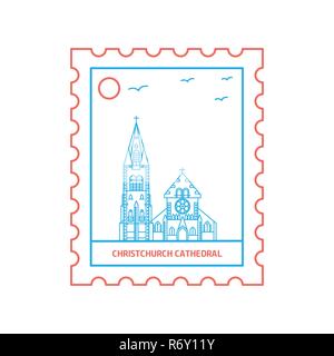 La Cathédrale de Christchurch timbre bleu et rouge, Style ligne vector illustration Illustration de Vecteur