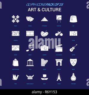 Art et Culture icône blanche sur fond bleu. 25 Icon Pack Illustration de Vecteur