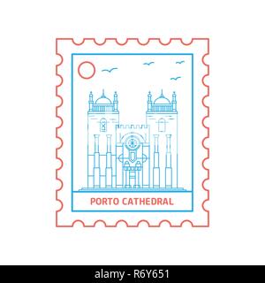 La CATHÉDRALE DE PORTO timbre bleu et rouge, Style ligne vector illustration Illustration de Vecteur