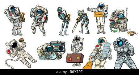 Les astronautes et les robots de collecte défini Banque D'Images