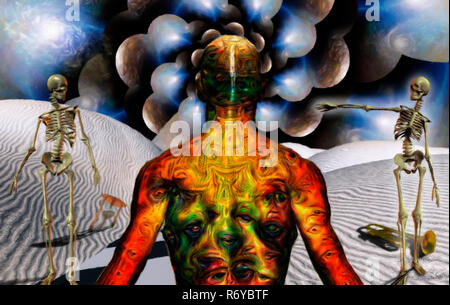 L'homme avec les yeux bizarres sur le corps est en désert surréaliste avec hourglass, trompette et deux squelettes. L'espace à plusieurs couches représentant les dimensions infinies. Banque D'Images