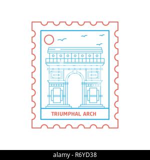 Timbre Arc de Triomphe de style de ligne bleu et rouge, vector illustration Illustration de Vecteur