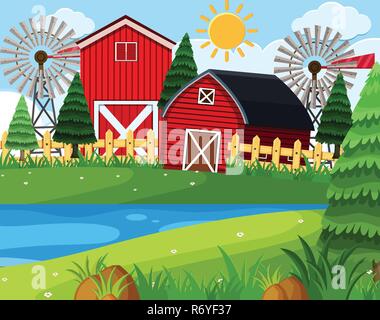 Sur la scène de la ferme des granges rouges illustration Illustration de Vecteur