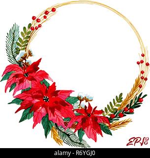 Couronne de Noël avec de belles fleurs de poinsettia, fruits rouges et doublure d'or. Vector illustration aquarelle peinte à la main sur fond blanc. Illustration de Vecteur