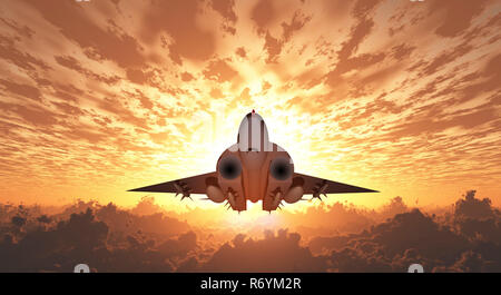 Vol en jet militaire du lever ou du coucher du soleil Banque D'Images