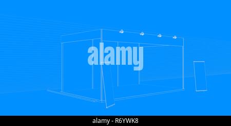 Le rendu 3D d'une exposition avec fond bleu Banque D'Images