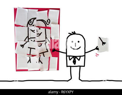 L'homme dessin animé avec la dernière pièce manquante de son Puzzle Femme Banque D'Images