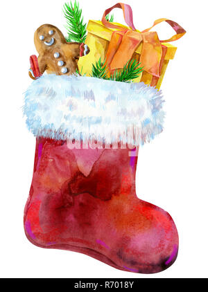 Chaussette rouge Noël avec fourrure blanche et des cadeaux. Illustration à l'aquarelle. Isolées. Banque D'Images