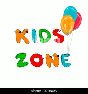 Logo Kids zone signe. L'affichage du texte écrit à la main de couleur. Cousues, patché, cousaient, drôle lettres décoratives Banque D'Images