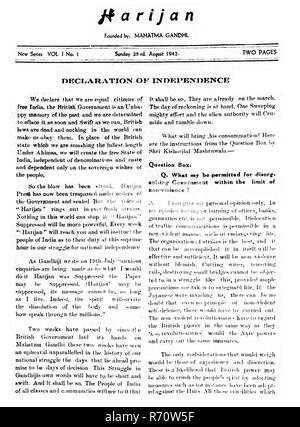 Lettre d'information Mahatma Gandhi, première page de Harijan, Déclaration d'indépendance, Inde, 23 août 1942, ancienne image vintage du 1900 Banque D'Images