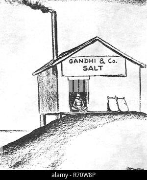 Caricature montrant le Mahatma Gandhi La boutique du sel, la boutique qui a été entendu dans le monde entier, Saint Louis, USA, 1930 Expédition Banque D'Images