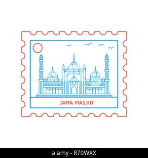 JAMA MASJID timbre bleu et rouge, Style ligne vector illustration Illustration de Vecteur