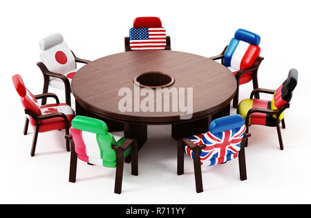 G7 drapeaux debout autour de la table ronde. 3D illustration. Banque D'Images