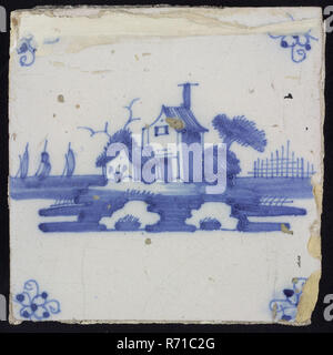 Tuile de scène, bleu avec paysage avec maisons, spider, motif d'angle de mur en céramique carreaux de faïence avec glaçure, cuite au four 2x vitrage peint Rotterdam Zuid Hillegersberg Hillegersberg-Schiebroek Bellevue Kleiweg originaires de l'ex-Huize Bellevue Kleiweg 427 Rotterdam. Banque D'Images