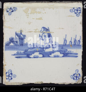Tuile de scène, bleu avec paysage avec paysan en progrès, spider, motif d'angle mural en céramique poterie céramique sculpture mosaïque glaze, au four 2x vitrage peint Rotterdam Zuid Hillegersberg Hillegersberg-Schiebroek Bellevue Kleiweg originaires de l'ex-Huize Bellevue Kleiweg 427 Rotterdam. Banque D'Images