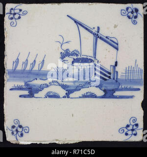 Tuile de scène, bleu avec paysage avec bien avec motif d'angle du levier, spider, carreaux de mur en faïence céramique sculpture mosaïque glaze, au four 2x vitrage peint Rotterdam Zuid Hillegersberg Hillegersberg-Schiebroek Bellevue Kleiweg originaires de l'ex-Huize Bellevue Kleiweg 427 Rotterdam. Banque D'Images