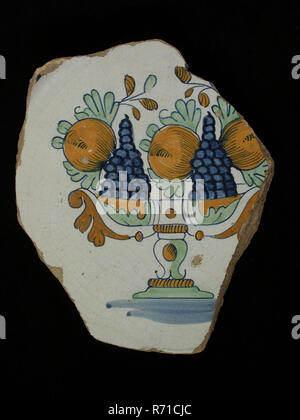 TG de IG, fragment de l'Assiette de majolique polychrome, coupe à fruits sur pied, signé, la plaque lave vaisselle Faïence Céramique trouver sol porteur, émail cuit dessous recouvert de plomb glaçure. Polychrome. Signé des initiales vitrage difficile à déchiffrer : CIM ? ? Décorer d'archéologie service des aliments Banque D'Images