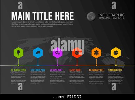 Infographie vecteur historique de la société axe hexagonal modèle avec des pointeurs sur une ligne et la carte du monde en arrière-plan - version sombre Illustration de Vecteur