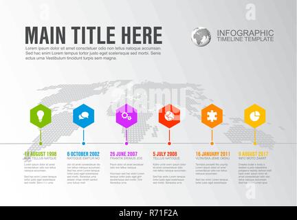 Infographie vecteur historique de la société axe hexagonal modèle avec des pointeurs sur une ligne et la carte du monde en arrière-plan Illustration de Vecteur