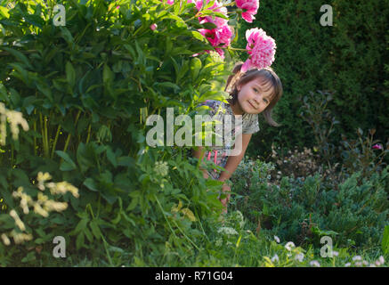 Portrait d'une fillette de trois ans jouer à l'extérieur dans le jardin. Petite fille se cachant dans le jardin derrière la pivoine arbustes. Banque D'Images