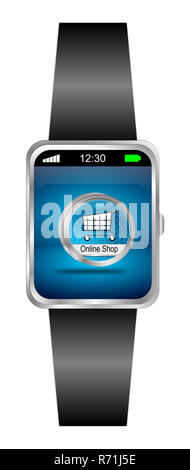 Smartwatch bleu avec bouton - Boutique en ligne 3D illustration Banque D'Images