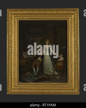 Nicolaes Xenon Grill, Portrait de Doda Adrianus de Jongh (1777-1833) avec Theodora Jordens ( ? -1807) et leur fille Lucia, groupe portrait portrait sculpture peinture huile bois rectangulaire, Comité permanent de l'homme portrait femme et enfant (fille) représentant Doda Adrianus de Jongh marchand laiton son épouse Théodora Jordens et leur fille Lucia. Annabella se trouve en face d'une table d'anglais woadwood piano (Londres) Lucie en chaise enfant sur le plancher des partitions violon violon violon avec archet et signature en bas à gauche et l'année : N. Xenon Grill 1801 Rotterdam Nicolaas Muijs drawing society cela conduit à Hooger Banque D'Images
