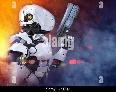 Le rendu 3D d'un robot futuriste hero cop holding gun. Banque D'Images