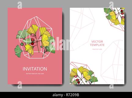 Vecteur. Feuille de ginkgo. Fond carte rose de mariage. Je vous remercie, rsvp, invitation carte élégante illustration graphic. Illustration de Vecteur