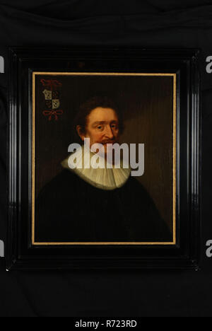 Après copie : Michiel Jansz. van, Portrait de Hugo de Groot, peinture portrait visuel , peinture à l'huile, Comité permanent de l'homme portrait rectangulaire représentant Hugo de Groot (Delft 1583 - 1645) Avocat à la pensionnaire de Rotterdam Borstbeeld regardant à droite. Moustache Sikje télévision blanc col plissé couvercle sombre en forme de bouclier en haut à gauche des armoiries de la famille (cornets de Groot) envers le nouveau morceau de jute écrit : Hugo de Groot. 1583-1645. La ville de Rotterdam Adriaen Haringvliet Triangle Héraldique Prince Hugo de Groot Marie de Reygersberg Cette peinture a appartenu à la série qui s'arou Banque D'Images