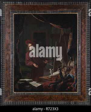 Michiel van Musscher, Portrait de Michiel van Musscher (1645-1705) : l'auto-portrait en studio, l'auto-portrait portrait peinture matériel visuel, l'huile de bois rectangulaire Portrait Portrait d'homme avec beret debout devant un chevalet représentant Michiel van Musscher dans sa main, brosses, pinceaux et palette dans la balustrade au premier plan sur lequel tapis persan livres moulages en plâtre rôle starglobe architecture papier livre montre en or et théorbe luth en arrière-plan la peinture sur le mur en plâtre et la cheminée Le spectacle est mis en place par l'open rideaux comme dans certains créneaux, à l'arrière de painti Banque D'Images