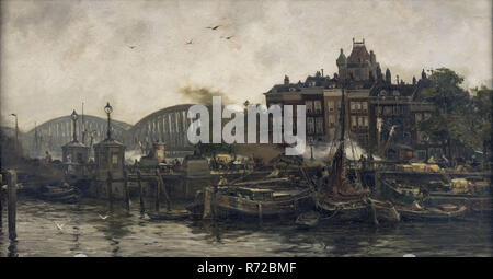 Août Willem van Voorden, le Vierleeuwenbrug à l'Oude Haven à Rotterdam, paysage urbain peinture toile peinture à l'huile de lin, à l'avant-plan Activités dans la Oude Haven à l'Koningsbrug Vierleeuwenbrug (également connu sous le nom). Dans l'arrière-plan s'appuyant sur le droit à l'Gelderse Kade et sur la gauche le pont ferroviaire sur la Maas (Willemswug) Le bâtiment élevé dont seul le couronnement de tourelles est visible (à droite) est sans doute la construction de l'assurance National Bank NV à la Boompjes au numéro 8 Voir la carte Présentation Stadsdriehoek urbain de Rotterdam topographie bri Vierleeuwenbrug Koningsbrug Banque D'Images