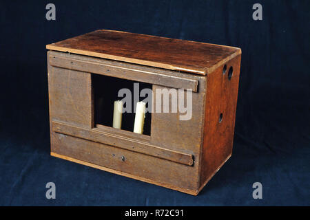 Lightbox, l'éclairage fort avec centrale avec les conducteurs et cinq bougies, éclairage lumière fort fort bois métal, boîte en bois rectangulaire bordée à l'intérieur avec de l'étain les deux côtés courts ont trois trous : deux petits et un grand. L'un des grands côtés a bord qui est à la fois réversible et amovible. Il n'y a ouverture rectangulaire dans ce groupe ; des deux côtés (intérieur et extérieur) sont au-dessus et au-dessous les conducteurs dans les guides différents formats de plaques avec des images peut être inséré. Dépose de la trappe permet l'ouverture de la taille de la diapositive d'accompagnement panoramas. Il y a dans l'armoire avec porte d'étain séparé Banque D'Images