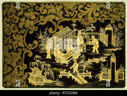 Travailleur : laque Lodewijk Johannes Nooijen, plaque de métal, laqué en couleur et or sur noir, décoration avec 'western' edge, chinoiserie (solution d'angle), plaque de laque échantillon ? La laque, quatre plaques de métal laqué en noir et or sur les couleurs avec tous les bords décoratifs 'western' : plaque de test échantillon laque ornent motif Nooyen Banque D'Images