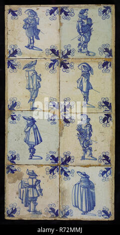 Champ d'épuration, huit carreaux, bleu sur blanc, guerriers, motif d'angle des ailettes, feuille, sol carrelé domaine wall tile tile avec Faïence Céramique, émail peint au four 2x vitrage militaria Banque D'Images