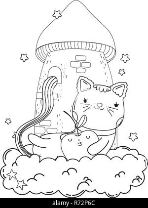 Chat mignon avec Apple dans les nuages frais Illustration de Vecteur