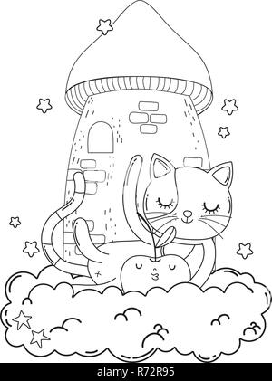 Chat mignon avec Apple dans les nuages frais Illustration de Vecteur