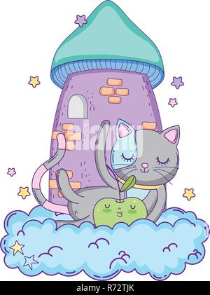 Chat mignon avec Apple dans les nuages frais Illustration de Vecteur