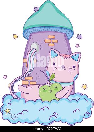 Chat mignon avec Apple dans les nuages frais Illustration de Vecteur