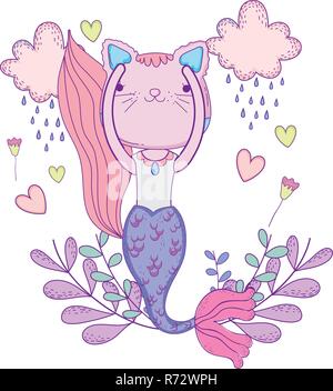 Purrmaid avec les nuages et décoration florale Illustration de Vecteur