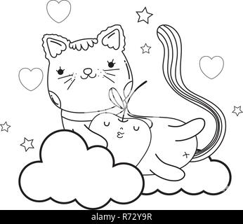 Chat mignon avec Apple dans les nuages frais Illustration de Vecteur