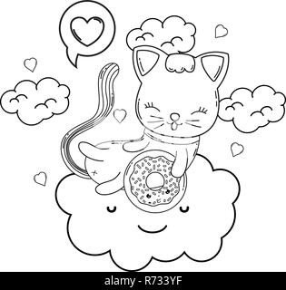 Chat mignon avec donut dans le cloud Illustration de Vecteur