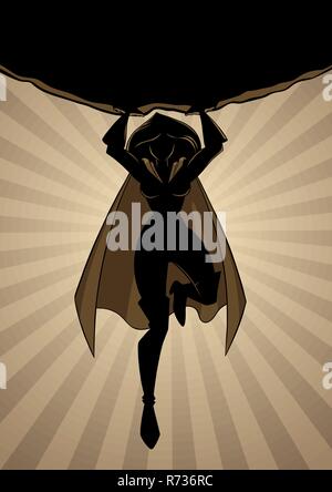 Superheroine Holding Silhouette Boulder Illustration de Vecteur