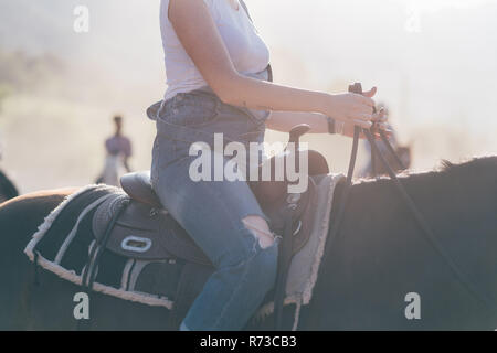 Young woman riding horse, cropped Banque D'Images