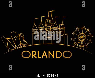 Attractions d'Orlando en ligne courbe d'or sur fond noir. Carte vacances Illustration de Vecteur